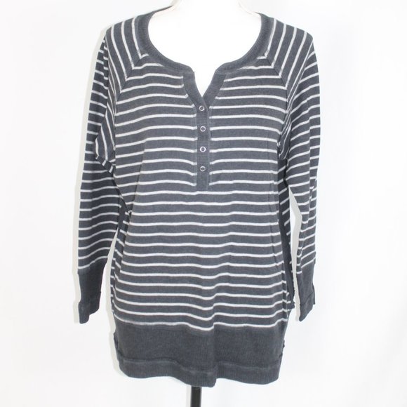 AXCESS HENLEY SWEATER WOMAN SIZE XL DARK & LIGHT GRAY STRIPED BUTTON FRONT L/S - Picture 1 of 11